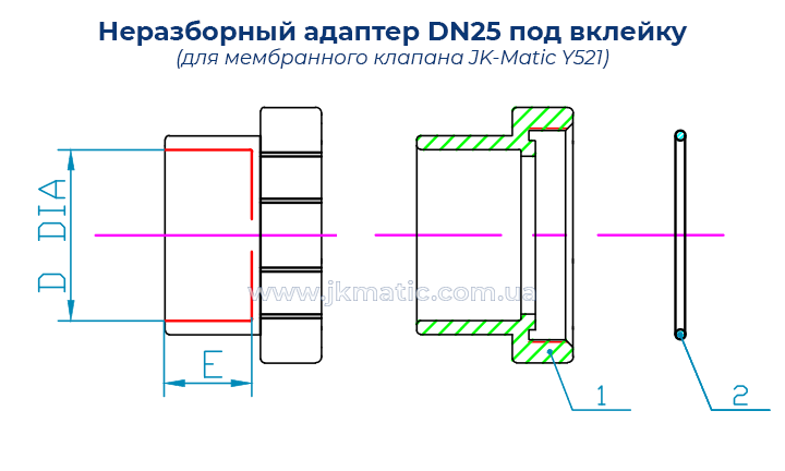 Размеры и подключение адаптера под вклейку неразборного JK-Matic Y25 DN25