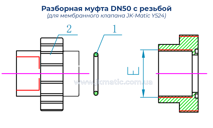 Размеры и подключение муфты разъёмной резьбовой JK-Matic Y50 DN50 U2
