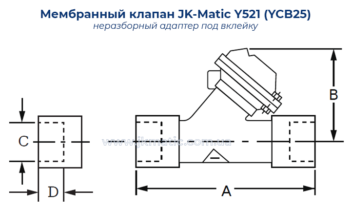 Размеры и подключение мембранного клапана JK-Matic Y521 (YCB25)