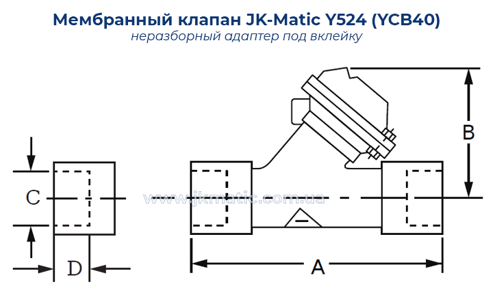 Размеры и подключение мембранного клапана JK-Matic Y524 (YCB40)