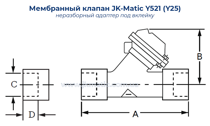 Размеры и подключение мембранного клапана JK-Matic Y521 (Y25)