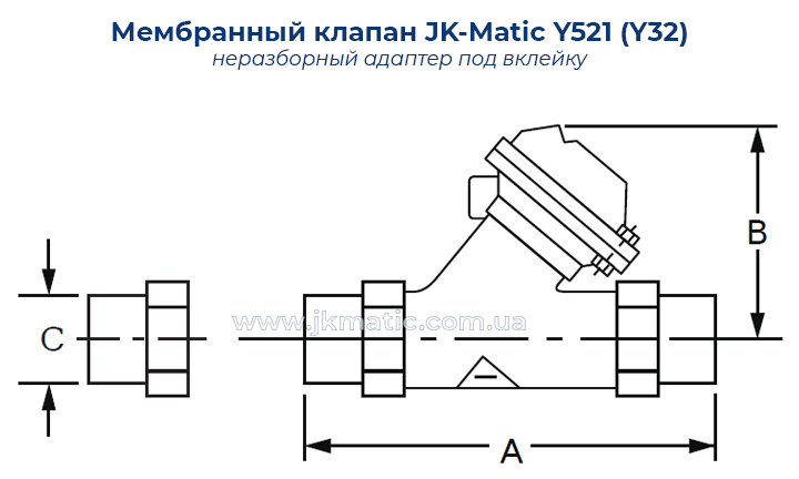 Размеры и подключение мембранного клапана JK-Matic Y521 (Y32)