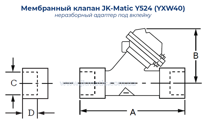 Размеры и подключение мембранного клапана JK-Matic Y524 (YXW40) Limit Stop